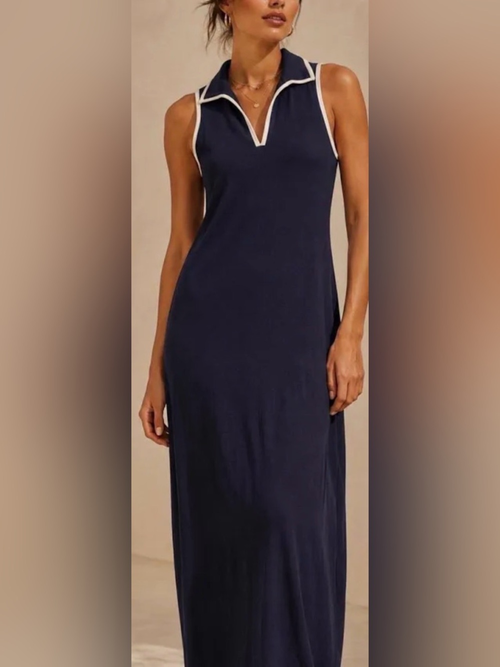 House of Harlow 1960 Maxi Dress S NWT Ribbed Navy Knit Sleeveless Vneck Collared
